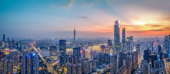 Aerial photography of modern architectural landscapes at night in Guangzhou, China - Powered by Adobe