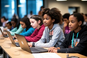 Youth coding bootcamp with diverse participants learning to program.