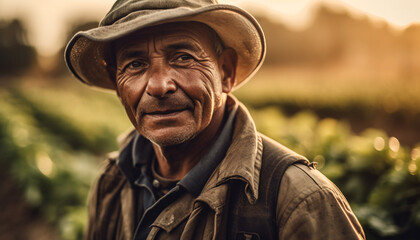 Obraz premium Smiling senior farmer in straw hat standing in autumn sunlight generated by AI