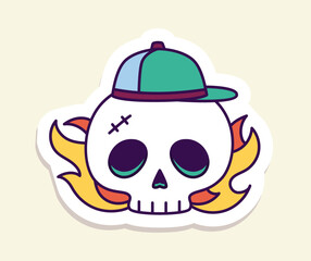 Young culture trendy sticker. Skull in green cap at bacdrop of fire. Hipster and hippie era. Graphic element for website. Cartoon flat vector illustration isolated on beige background