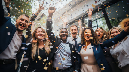 A happy diverse team of startup business people celebrate their business success amidst confetti. - Powered by Adobe