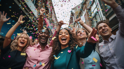 A happy diverse team of startup business people celebrate their business success amidst confetti. - obrazy, fototapety, plakaty
