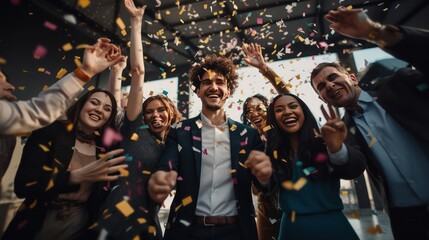 A happy diverse team of startup business people celebrate their business success amidst confetti.