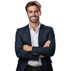 handsome man happy face smiling with crossed arms looking at the camera. Positive Successful businessman, isolated on white transparent background, ai generate - obrazy, fototapety, plakaty