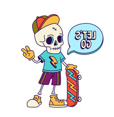 Skeleton skater with board. Spooky character with skateboard. Active lifestyle and extreme sport. Graphic element for website. Cartoon flat vector illustration isolated on white background