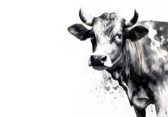 Black and white watercolor painting of a cow on a white background. Farm animals. - obrazy, fototapety, plakaty