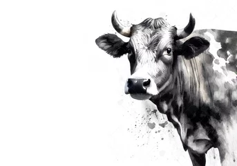 Foto op Plexiglas Black and white watercolor painting of a cow on a white background. Farm animals. © yod67