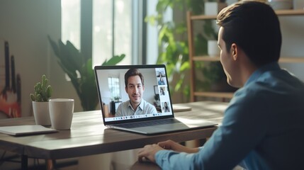 Asian( Thai) startup employee working from home in an online video meeting with team at the table. Small business owner chats with team over the internet on personal computer with webcam.