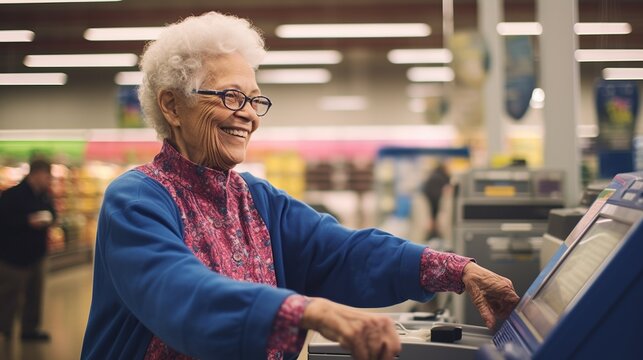 Senior woman using credit card in a store; elderly person costumer smiling and paying with card in a shop; mature grandmother shopping in a mall