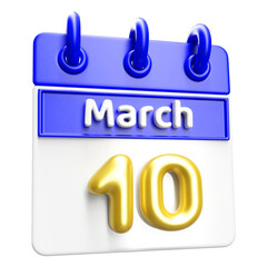 March 10th Calendar 3D Render Blue