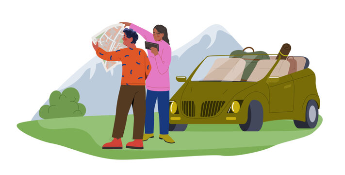 People at summer camping concept. Man and woman near green camper. Travel and trip, tourists at nature. Young guy and girl in forest. Poster or banner. Cartoon flat vector illustration