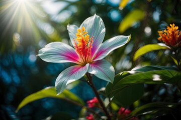 Fototapeta na wymiar Lush Tropical Flowers in Jungle with Ethereal Bokeh Light