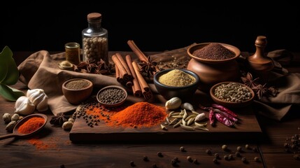 Display of a set up of traditional spices arranged on a wooden table