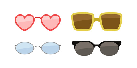 Various sunglasses set. Different shapes of eyeglasses. Protection for eyes from sun. Fashion and style. Trendy wear for summer. Cartoon flat vector collection isolated on white background