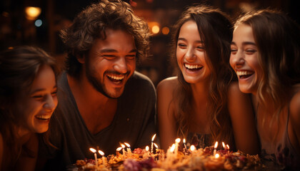 Obraz premium Young adults enjoying a fun, carefree birthday party outdoors at night generated by AI