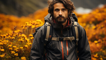Obraz premium One man hiking in the autumn forest, smiling confidently generated by AI