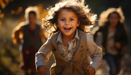 Smiling child playing outdoors, enjoying nature with carefree family generated by AI