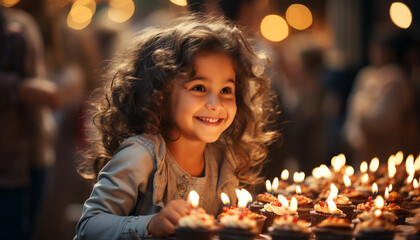 Obraz na płótnie Canvas Smiling child holds candle, brings happiness to Christmas celebration generated by AI