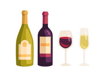 Wine production set. Luxury bottles and glasses with alcoholic drinks. Beverage and tasty liquid. Menu cafe or restaurant. Cartoon flat vector collection isolated on white background