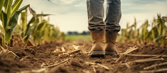 Rubber boot clad farmer in a corn maize field - obrazy, fototapety, plakaty