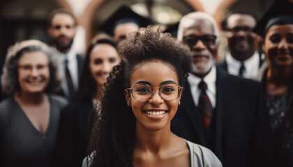 Obraz premium A large group of smiling adults, diverse in ethnicity and occupation generated by AI