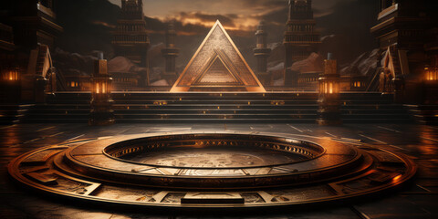 Ancient golden product display podium with pyramids background. - obrazy, fototapety, plakaty