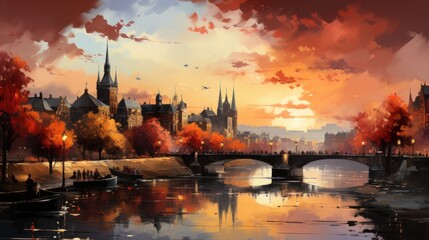 Fototapeta na wymiar A breathtaking view of a historic European city by the river, painted in warm autumnal hues.