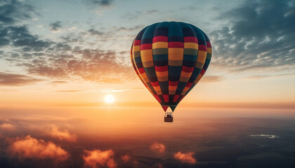Fototapeta premium Levitating men enjoy adventure in multi colored hot air balloon generated by AI