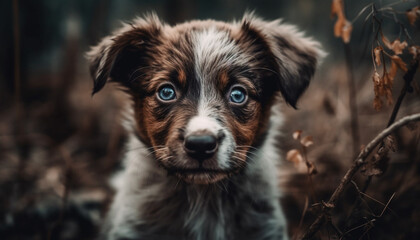 Cute puppy portrait one small, fluffy, purebred dog sitting outdoors generated by AI