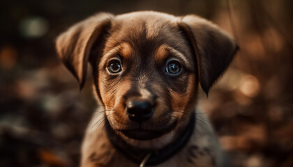 Cute purebred puppy sitting outdoors, looking at camera with selective focus generated by AI