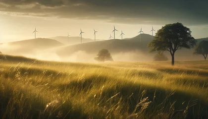 Rolgordijnen Wind turbine generates sustainable power in rural landscape at sunset generated by AI © Stockgiu