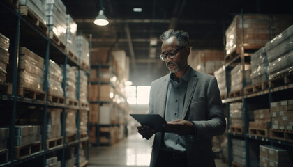 Confident businessman holding digital tablet in distribution warehouse with colleagues generated by AI