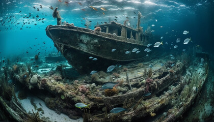 Deep underwater adventure exploring rusty shipwreck and colorful sea life generated by AI