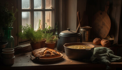 Rustic homemade meal on wooden table with fresh bread and vegetables generated by AI