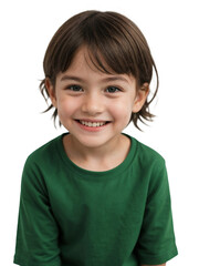 Kid wearing green clothes smiling and looking at the camera, Happiness and Eco-friendly concept, isolated, transparent background, no background. PNG.