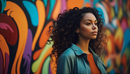 Young women with curly brown hair smiling outdoors in the city generated by AI