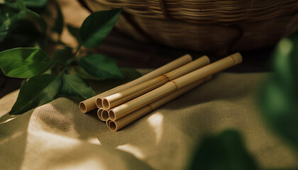 Naklejka premium Green leaf on wood table, fresh tobacco addiction relaxation generated by AI