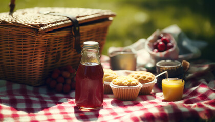 Fototapeta premium Summer picnic basket filled with fresh food, fruit, and drink generated by AI