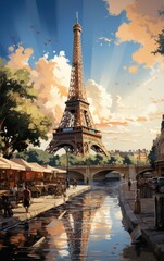 A mesmerizing view of the Eiffel Tower basked in golden sunlight, reflecting off a tranquil river alongside quaint cafes.
 - obrazy, fototapety, plakaty