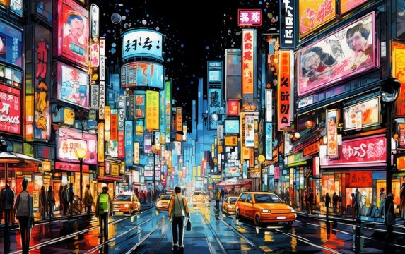 Electric atmosphere of a city street, brought to life with glowing advertisements and the hustle of urban life.