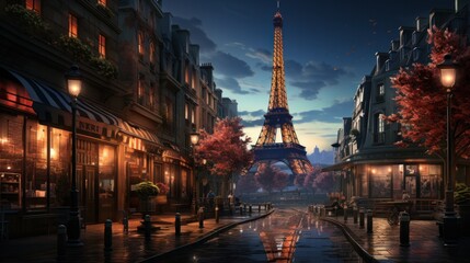 Romantic evening ambiance of Paris with the iconic Eiffel Tower illuminated, surrounded by classic architecture and street lights.