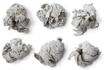 Set collection of crumpled paper ball, thrown out idea notes into trash garbage concept, isolated