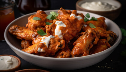 Grilled buffalo chicken wings with savory sauce on crockery plate generated by AI