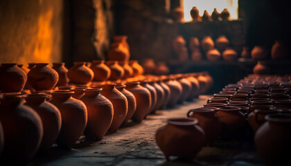 A row of ancient terracotta jars, handmade by indigenous potters generated by AI - obrazy, fototapety, plakaty