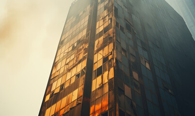 Towering building engulfed in a fierce blaze, with smoke billowing.