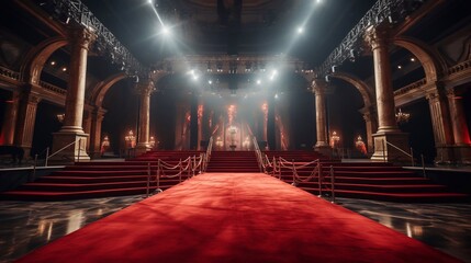 Photo of Rows of people walking on red carpet in theater, movie premiere, stage or show concept Generative AI - obrazy, fototapety, plakaty