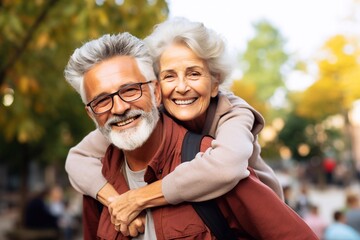Portrait of a happy senior couple walking in the park in autumn Generative AI