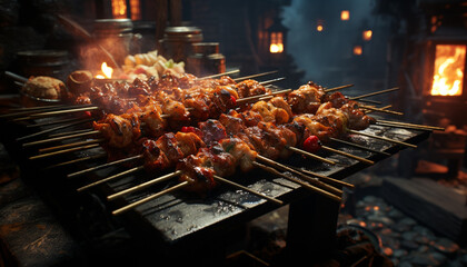 Grilled meat on skewer, flame, smoke perfect barbecue feast generated by AI