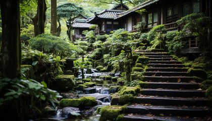 Fototapeta na wymiar Tranquil scene ancient staircase leads to Japanese formal garden generated by AI