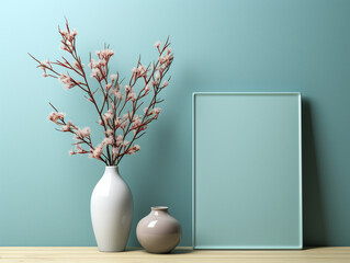 Blank empty picture frame with a plant in modern interior. Empty space for design layout.